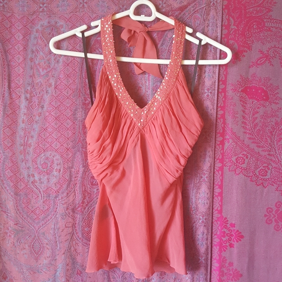 2/$35 Bebe Coral Pink Beaded Ruched Silk Halter Top - Picture 8 of 16